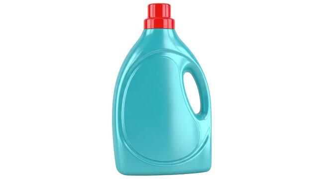 Turquoise laundry detergent bottle with red cap isolated PNG, household cleaning product on transparent background for design use
