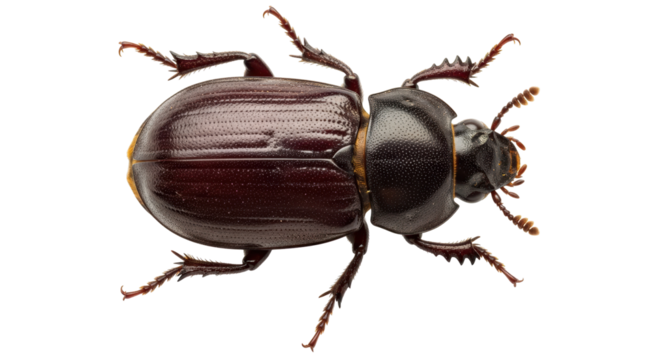 Dung beetle PNG isolated on transparent background, dark brown scarab with spiky legs for entomology and nature studies