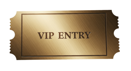Golden VIP entry ticket PNG isolated on transparent background, exclusive pass for special event or premium access