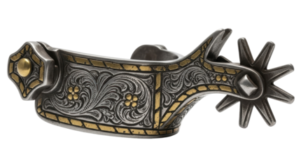 Ornate silver and gold cowboy spur isolated PNG, vintage western riding equipment for equestrian sports and cowboy culture