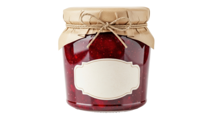 Raspberry jam in glass jar isolated PNG, homemade fruit preserve with blank label on transparent background for food design