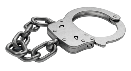 Metal handcuffs with chain isolated PNG, law enforcement restraint device for arrest and security on transparent background