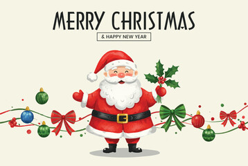 Watercolor Style Santa Claus Holding Holly, Merry Christmas and Happy New Year Vector Illustration Template with Ornaments and Ribbons