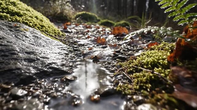 Sunlit forest floor with wet pebbles, moss, and a dewkissed fern