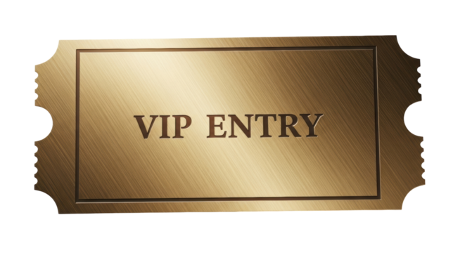 Golden VIP entry ticket PNG isolated on transparent background, exclusive pass for special event or premium access