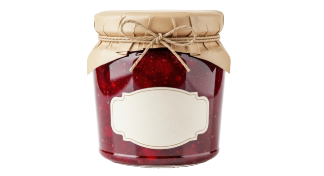 Raspberry jam in glass jar isolated PNG, homemade fruit preserve with blank label on transparent background for food design