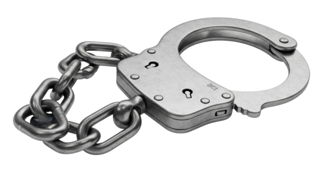 Metal handcuffs with chain isolated PNG, law enforcement restraint device for arrest and security on transparent background