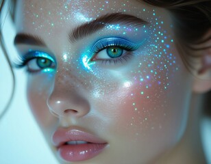 A mesmerizing close-up of a person's face adorned with exquisite, ethereal glitter makeup. Bright blue eyeshadow illuminates the eyes, complemented by shimmering particles scattered across the skin.