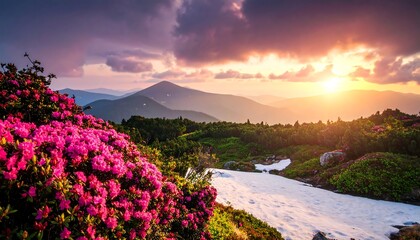 Obraz premium Stunning vista of mountains, pink flowers in foreground, sun setting, light hues and clouds