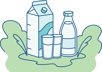 Fototapeta premium A carton of milk, a bottle, and two glasses of milk are arranged on a green surface, creating a fresh and healthy dairy product scene