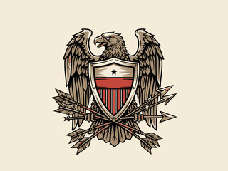 Vintage Emblem Style Eagle Holding Arrows and Shield Vector Art Illustration