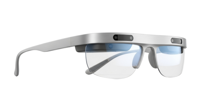 Sleek silver augmented reality glasses PNG isolated on transparent background, futuristic wearable tech for digital overlay and virtual experience