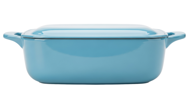 Light blue rectangular casserole dish with lid isolated PNG, enameled cast iron cookware for baking and serving on transparent background