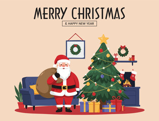 Santa Claus in Decorated Living Room with Christmas Tree, Merry Christmas and Happy New Year Vector Interior Scene Illustration