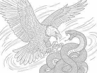 Dramatic Eagle Attacking Snake Vector Line Art Illustration Scene Design
