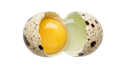 Cracked quail egg isolated PNG on transparent background, speckled shell with yolk for healthy...