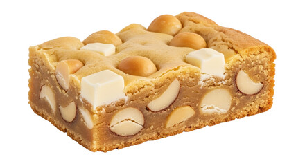 Blondie brownie with macadamia nuts and white chocolate isolated PNG, delicious dessert bar on transparent background