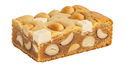 Blondie brownie with macadamia nuts and white chocolate isolated PNG, delicious dessert bar on transparent background