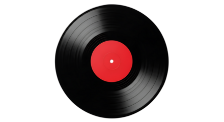 Vintage black vinyl record with a red center on black background