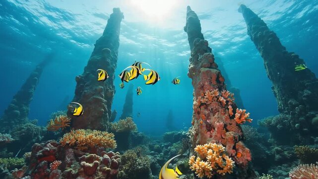 Underwater coral reef teeming with bannerfish swimming around ancient submerged pillars sun rays
