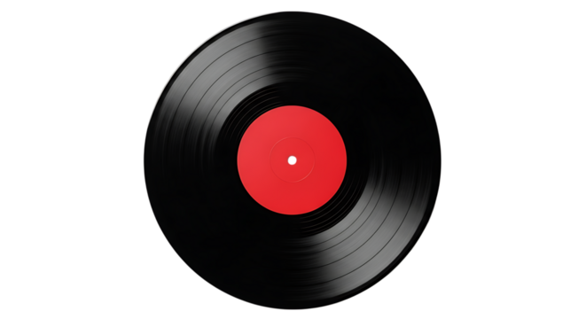 Vintage black vinyl record with a red center on black background
