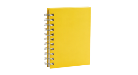 Yellow spiral notebook isolated PNG on transparent background, blank notepad with metal rings for school or office use