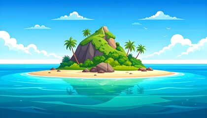 Scenic cartoon tropical island with palm trees and mountain peak under clear blue sky