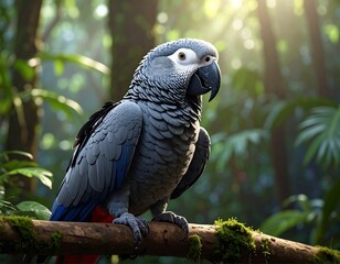 Obraz premium A majestic grey parrot perched on a mossy branch in a sunlit rainforest