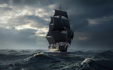 Obraz premium A majestic sailing ship battles through dark, choppy waves under a gloomy and stormy sky.