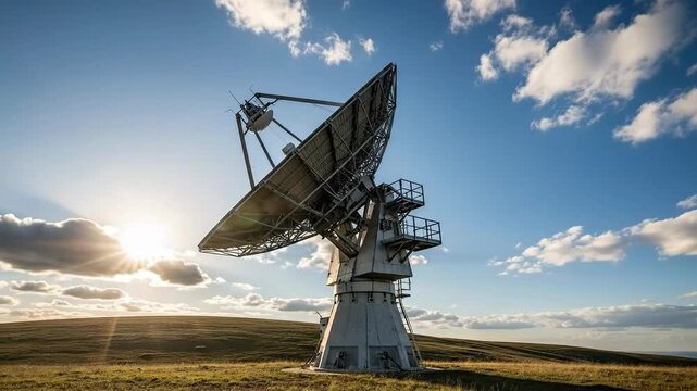 Large Radio Telescope Dish Antenna Reflecting Golden Sunlight Against a Bright Blue Sky with Fluffy Clouds in a Grassy Field