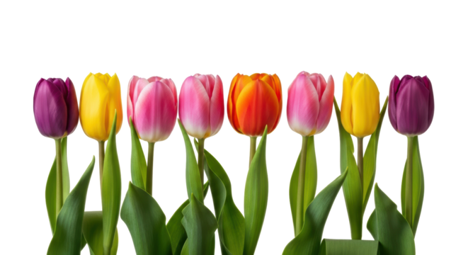 Colorful tulip flowers isolated PNG, vibrant purple yellow pink and orange spring blooms on transparent background for graphic design