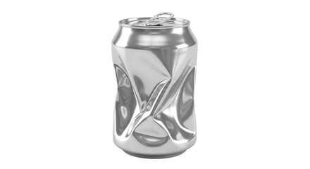 Crushed silver aluminum can isolated PNG, damaged metal container for recycling and environmental awareness concepts