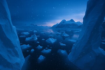 Blue icebergs floating in arctic sea