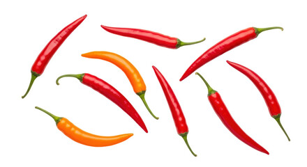 Red and orange chili peppers isolated PNG, hot and spicy ingredients for cooking and seasoning on transparent background