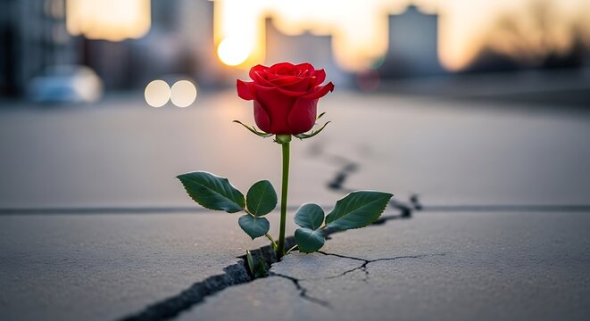 Single red rose on pavement with blurred cityscape at sunset