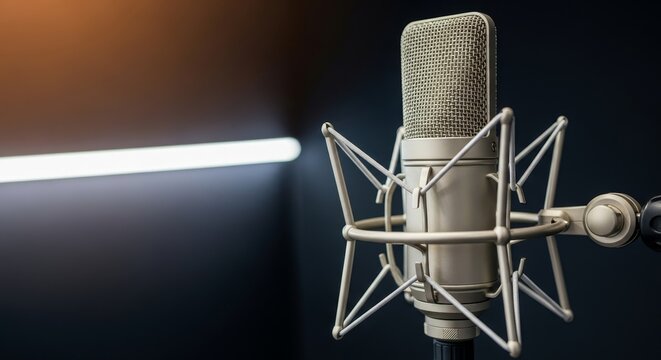 Professional studio condenser microphone with shock mount and pop filter in recording studio environment with warm ambient lighting