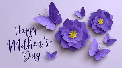 Happy Mother's Day with Purple Paper Flowers and Butterflies