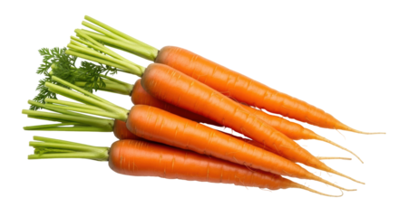 Fresh orange carrots with green tops isolated PNG, vibrant root vegetables for healthy eating and vegetarian recipes on transparent background