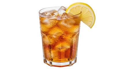 Refreshing iced tea with lemon slice isolated PNG, cold drink in glass with ice cubes on transparent background for summer refreshment