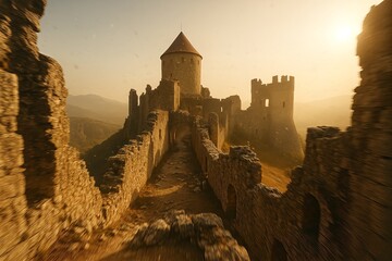 Obraz premium Ancient hilltop castle under warm light
