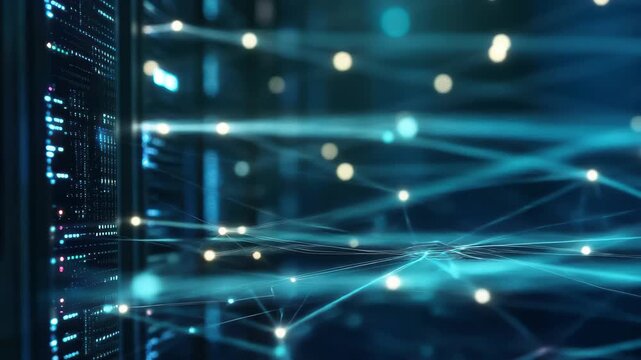 Visual representation of digital data flow in a network environment showcasing interconnected nodes with bright lights