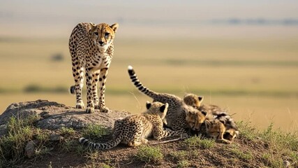 Adorable cheetah family bonding and playing together on a rock outcrop in nature - Powered by Adobe