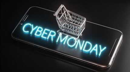 Smartphone With Holographic Shopping Cart Signifies E-Commerce Deals During Cyber Monday Sales Event