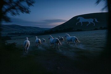 Sheep flock grazing by chalk hillside