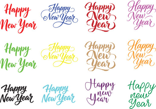 Happy New Year Multicolor Typography Lettering Set Vector Design