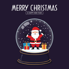 Jolly Santa Claus Inside a Glass Snow Globe, Merry Christmas and Happy New Year Vector Illustration Template on Dark Background