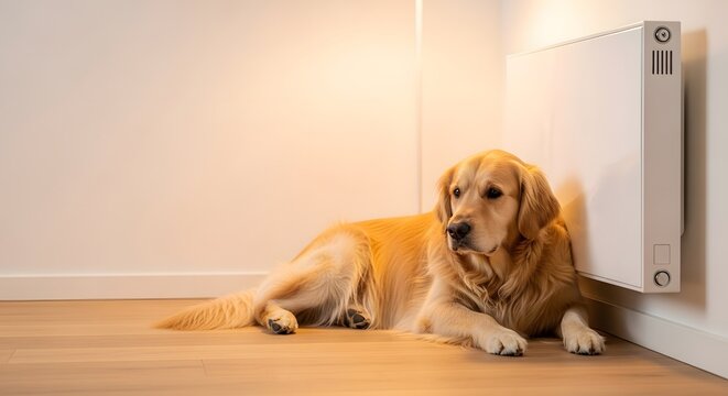 Golden retriever dog lying peacefully on a warm wooden floor next to a modern heater for home comfort concept and pet well-being