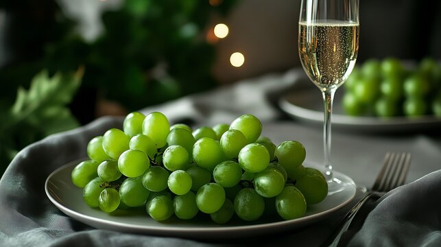 Fresh green grapes arranged on a white plate beside a sparkling glass, creating an elegant dining atmosphere with soft lighting and blurred background elements