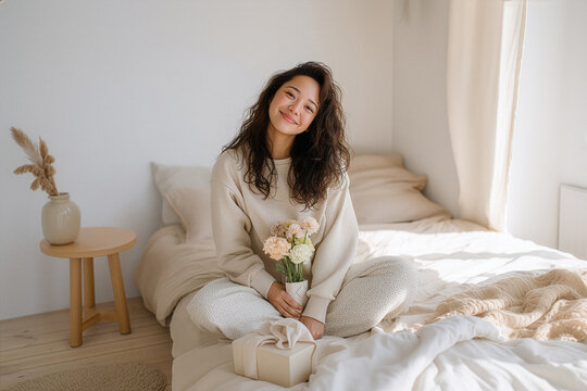 Young woman smiling on bed with flowers and gift - Powered by Adobe