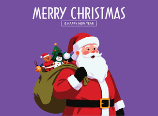 Close-up of Santa Claus Carrying Sack Full of Toys, Merry Christmas and Happy New Year Vector Illustration Template, Toy Delivery